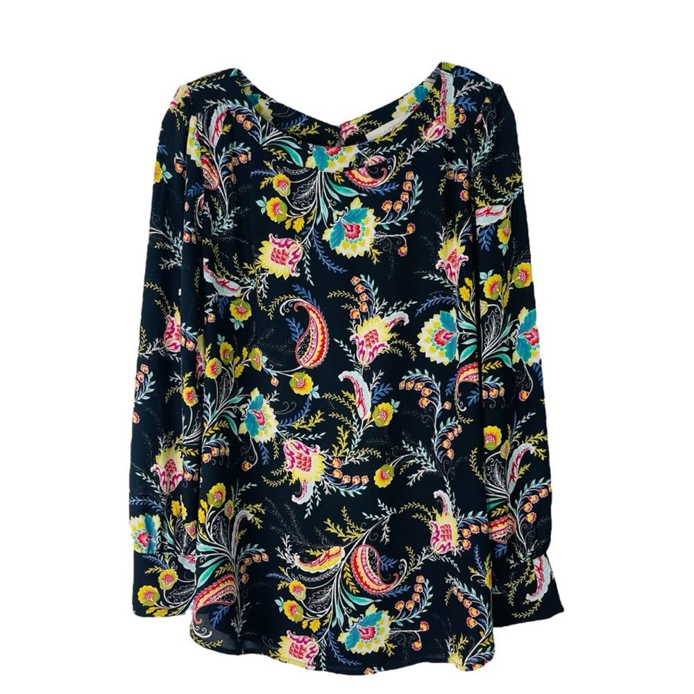 Loft black yellow white floral paisley popover chiffon blouse top large